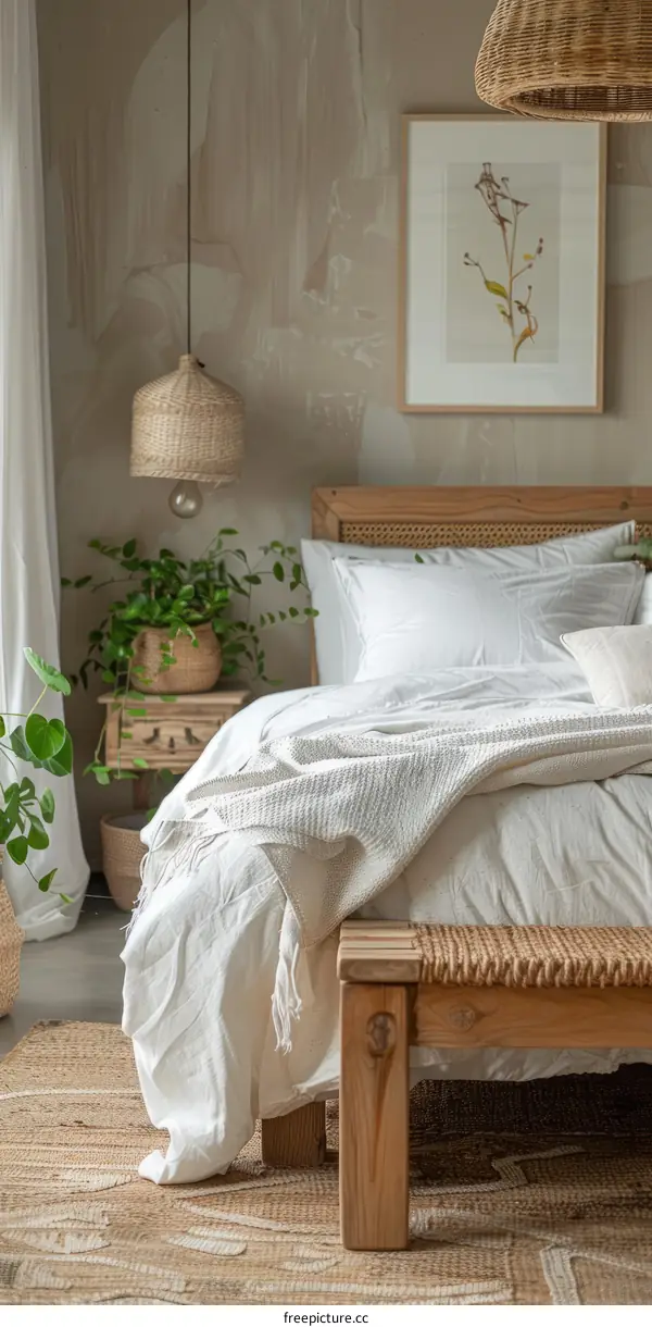 Modern Farmhouse Bedroom With White Bedding and Natural Textures