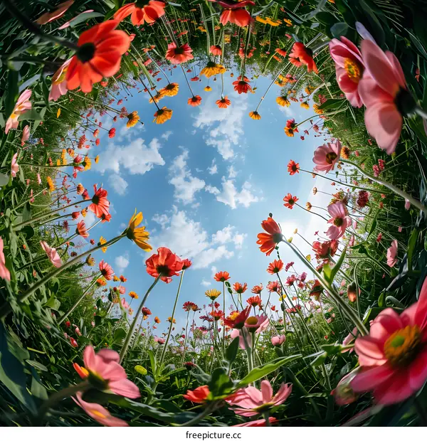 Looking Up At The Sky Through A Field Of Flowers