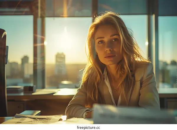 Businesswoman Working in Office with Window View