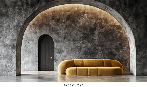 Modern Concrete Interior with Archways and Sofa