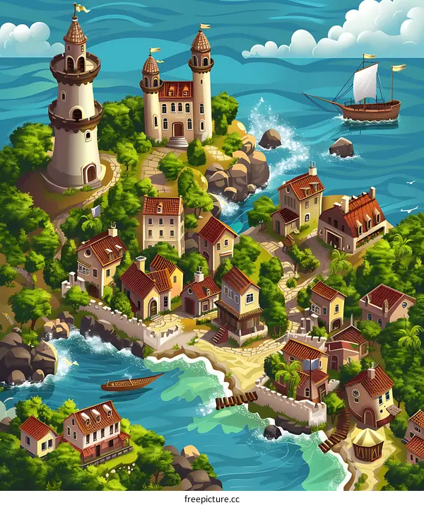 Coastal Town Illustration With Castle and Lighthouse