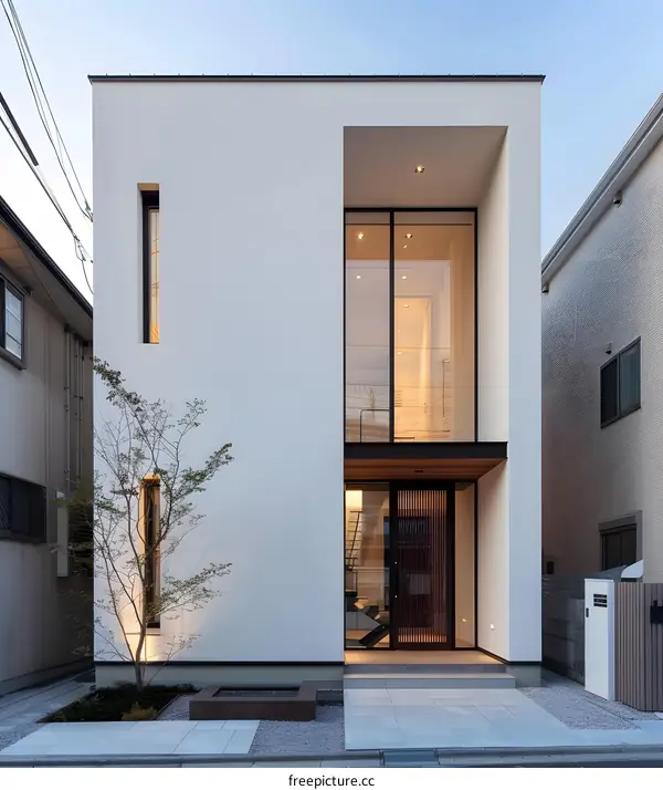 Modern Minimalist Home Exterior With Large Windows and Wooden Door