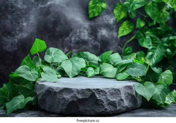 Dark Stone Display with Lush Green Plants