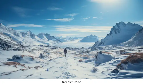 A lone hiker traverses a snowy mountain landscape