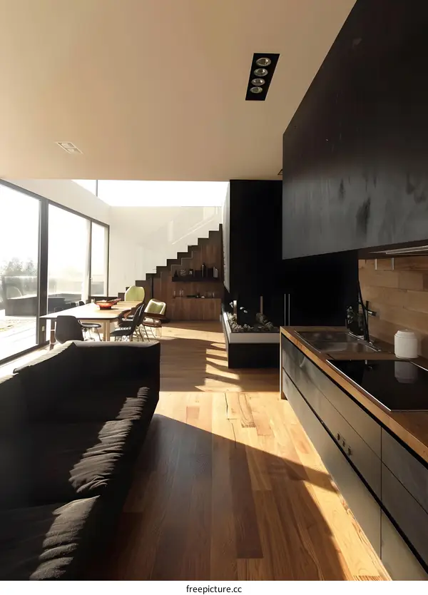 Modern Open Concept Kitchen and Living Room Interior Design with Wooden Floor and Black Cabinets