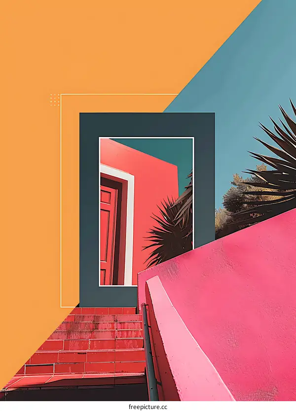 Colorful Architecture and Red Door in Sunny Day