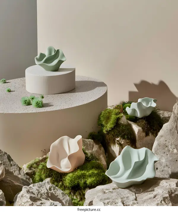 Decorative Ceramic Bowls on Rocks and Moss