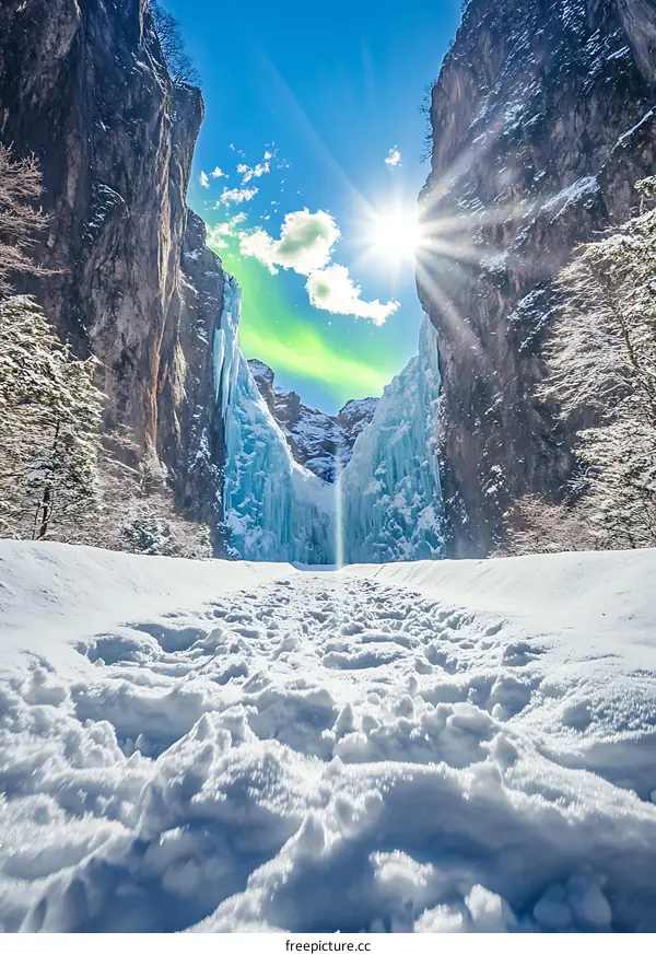 Frozen Waterfall In Canyon With Snowy Landscape