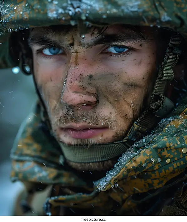 Portrait of a soldier with blue eyes and a beard wearing a military uniform and a helmet covered in snow
