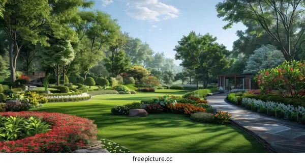 A verdant park blooming with flowers and trees