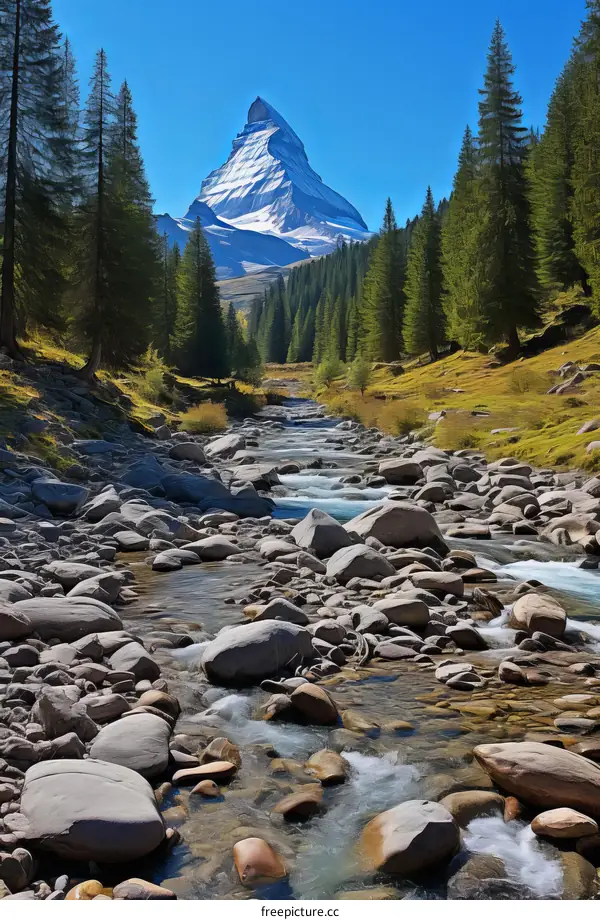 A river flowing through a valley with a snow-capped mountain in the distance