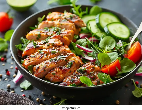 Grilled chicken breast with fresh salad leaves, cucumber, radish, tomato and spices