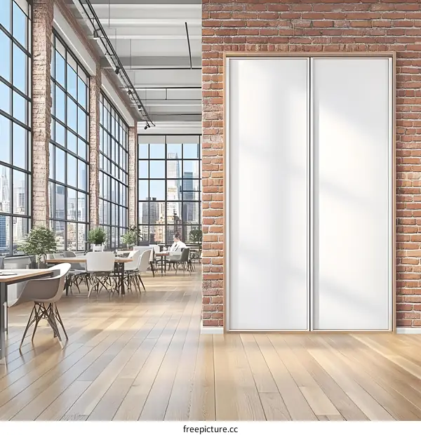 Modern Office Space with Brick Wall and Large Windows
