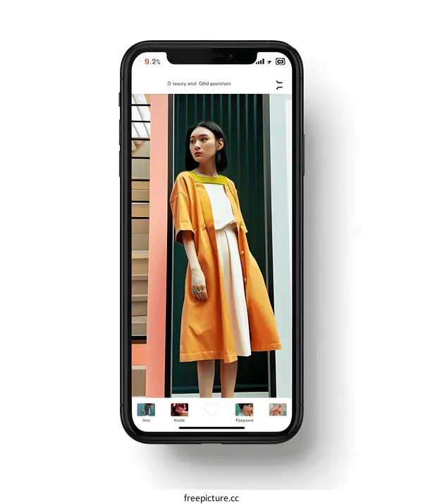 Woman wearing orange dress on smartphone screen
