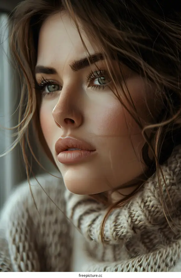 portrait of a beautiful young woman with green eyes and brown hair