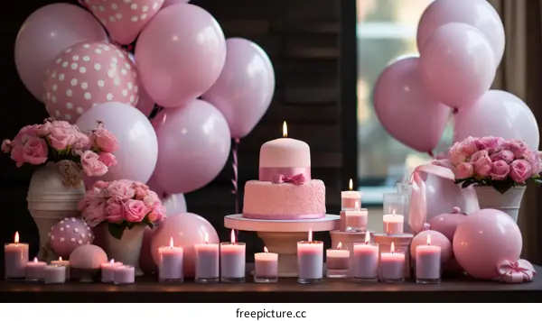 Pink birthday party decoration with cake, candles, and balloons