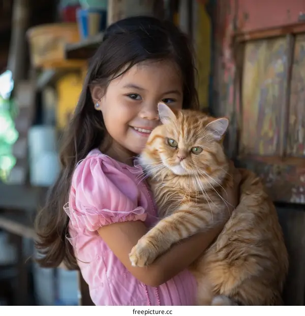 Little girl hugging a big orange cat