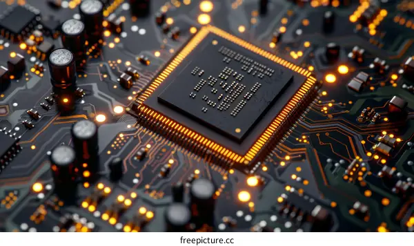 A close-up of a computer chip with glowing orange lights