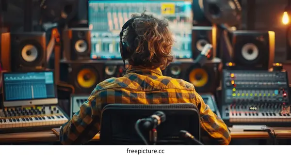 Male audio engineer working at mixing console in sound recording studio