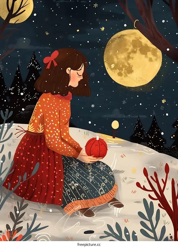 Girl Sitting in the Snow with a Pumpkin