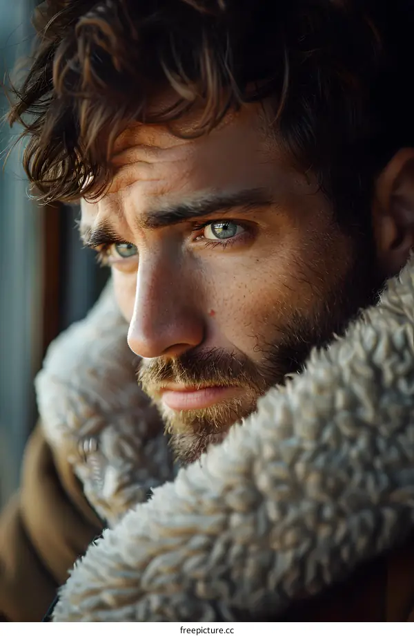 Portrait of a handsome man with beard and blue eyes wearing a brown jacket with fur collar