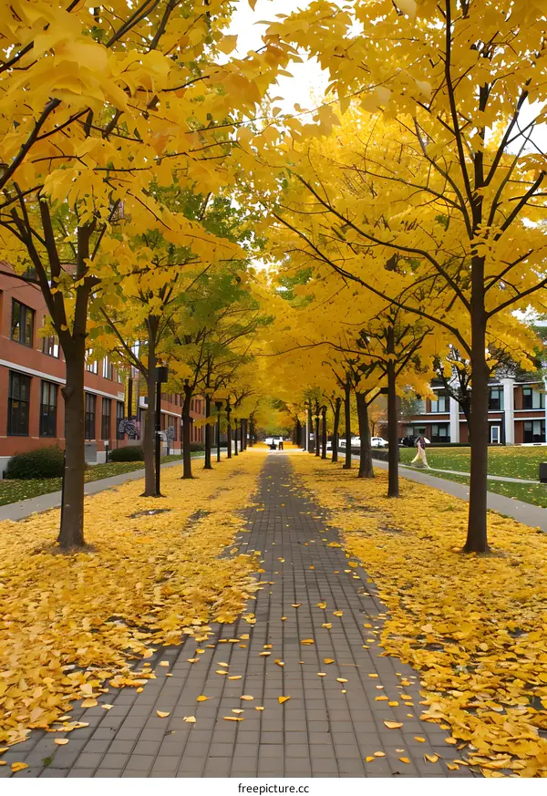 Autumn Leaves Fall On The Pavement Path