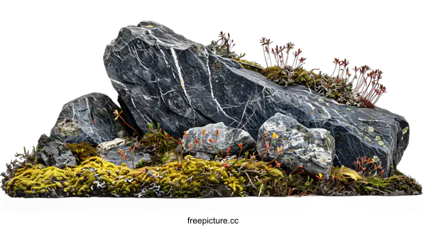[Transparent Background PNG]Gray Rocks With Green Moss and Red Flowers