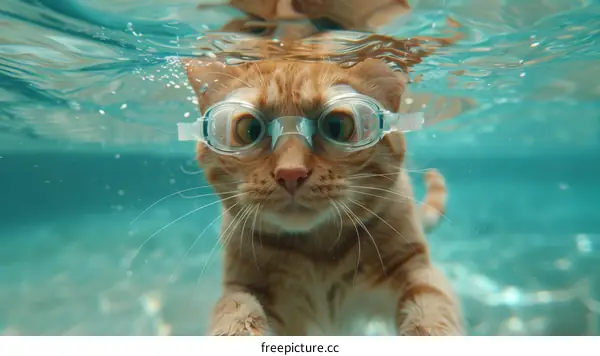 Orange Cat Wearing Goggles Swims Underwater