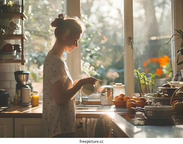 Young woman making herself a cup of tea in the kitchen