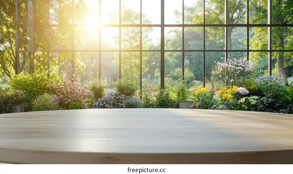 Empty Wooden Table in a Greenhouse with Flowers and Sunlight