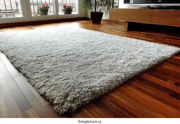 Soft Beige Shaggy Carpet on Hardwood Flooring