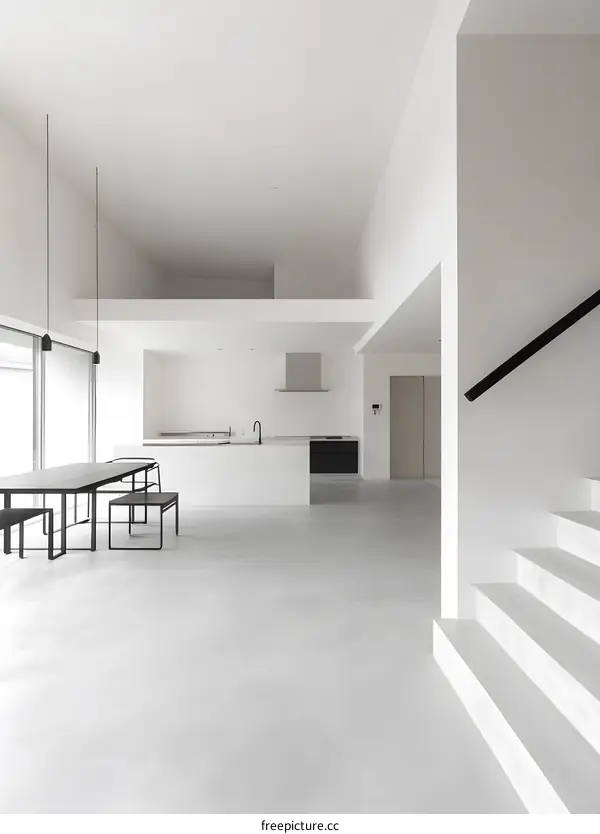 Minimalist White Interior Design with a Sleek Kitchen and Stairs