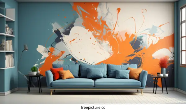 Abstract Blue and Orange Canvas Painting in Modern Living Room Interior