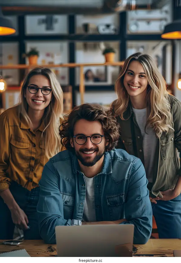 three young business people smiling and looking at the camera