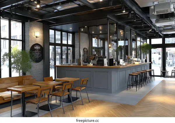 Modern Cafe Interior Design with Wooden Furniture