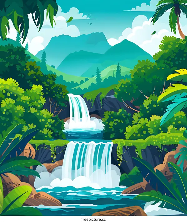 Waterfall In Lush Green Tropical Rainforest Landscape
