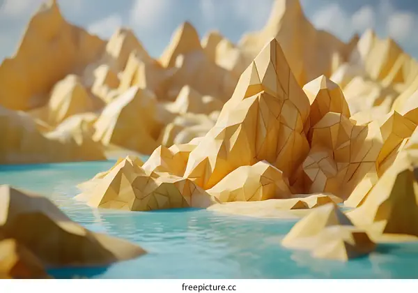 Abstract Low Poly Mountains Landscape with Water