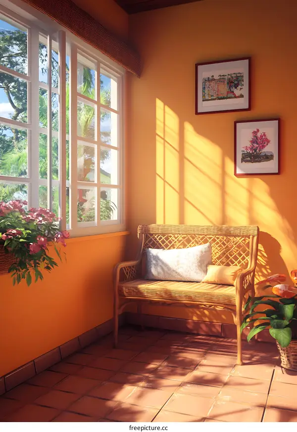 Sunny Patio with Wicker Bench and Yellow Walls