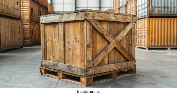 Wooden box on a pallet in a warehouse