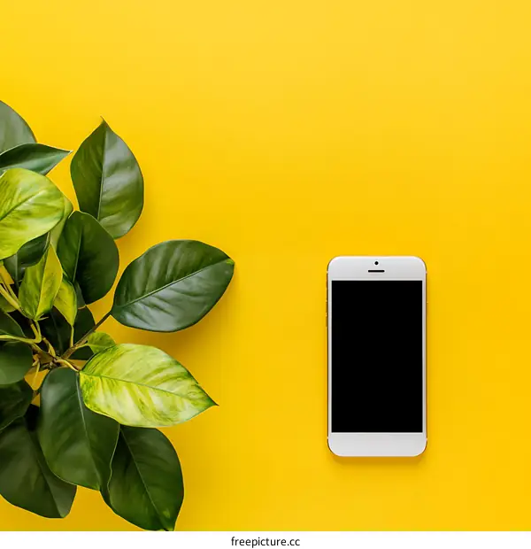 White Phone with Green Plant on Yellow Background
