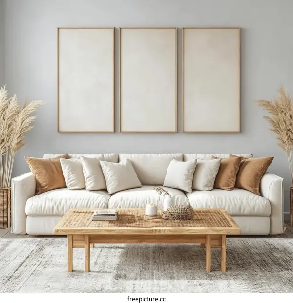 Modern Minimalist Living Room Mockup with Blank Art Prints