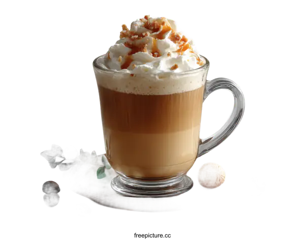 [Transparent Background PNG]Caramel Latte in Glass Cup with Whipped Cream