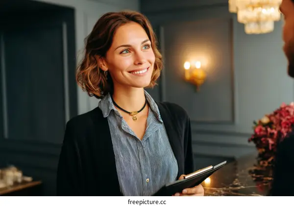 Smiling Caucasian woman receptionist in a hotel