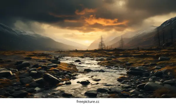 River in a Valley with Distant Mountains Under Sunset