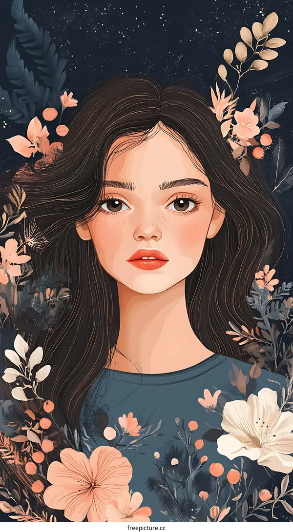 Girl with Flowers in Her Hair, Dreamy Illustration