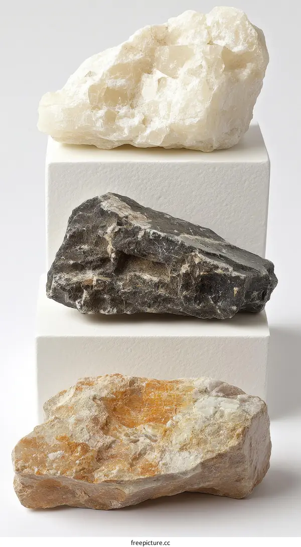 Three Different Types of Rocks Displayed on White Stands