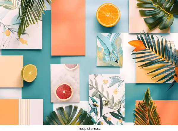 Summer Tropical Flat Lay With Fruits And Palm Leaves