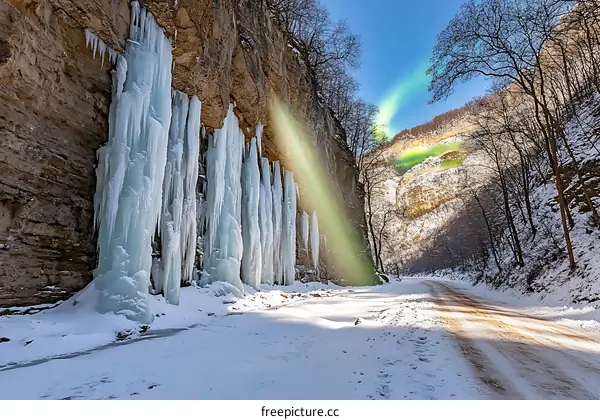 Icicle Formation on a Rocky Cliff in a Snowy Winter Forest