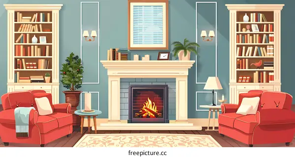 Cozy Living Room With Fireplace And Bookshelves Illustration