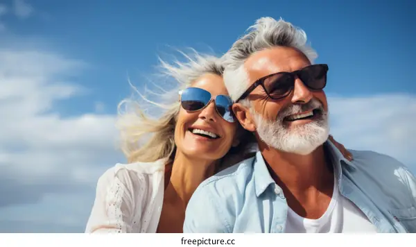 Happy retired couple smiling and embracing in the sun